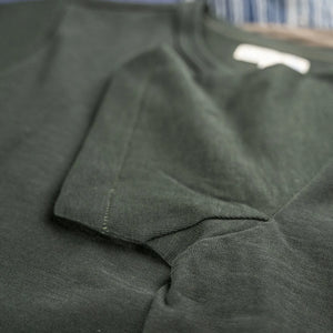 Merz b Schwanen 2S14 11oz Heavyweight Loopwheel TShirt Forest close up sleeve