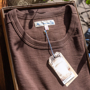 merz b schwanen 11oz heavy loopwheeled tshirt chocolate statementstore munich folded close up