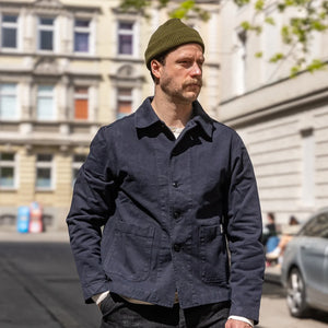 Merz b Schwanen 12oz Broken Twill Cropped Work Jacket Charcoal worn lifestyle