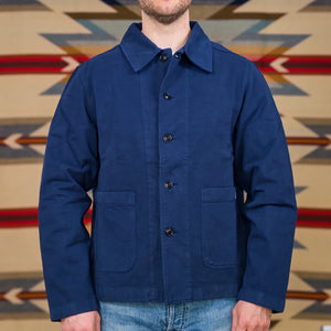 Merz b Schwanen 12oz Broken Twill Cropped Work Jacket Ink Blue worn front