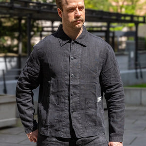 Merz b Schwanen Original Fibres 12oz Cropped Linen Work Jacket Black worn lifestyle