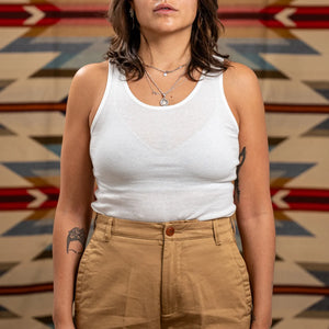 Merz b Schwanen Women 3oz Fine Ribbed TankTop White worn front