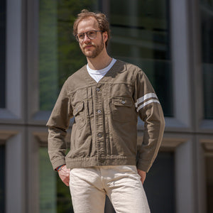 Momotaro Jeans Collarless Dobby Jacket – Olive / Going to Battle