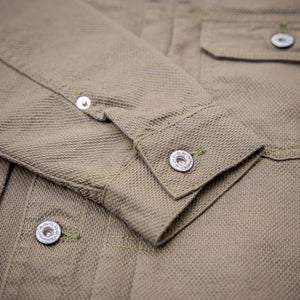 Momotaro Jeans Collarless Dobby Jacket – Olive / Going to Battle
