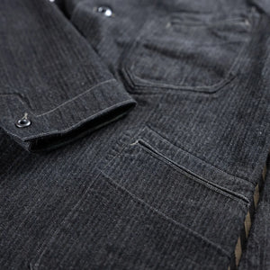 MotivMfg Peak Lapel Herringbone Denim Lounge Jacket Black detail cuff and pocket