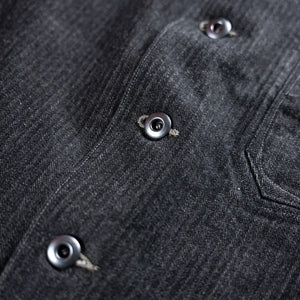 MotivMfg Peak Lapel Herringbone Denim Lounge Jacket Black close up button front