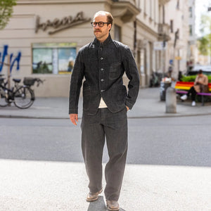 MotivMfg Peak Lapel Herringbone Denim Lounge Jacket Black worn lifestyle full outfit