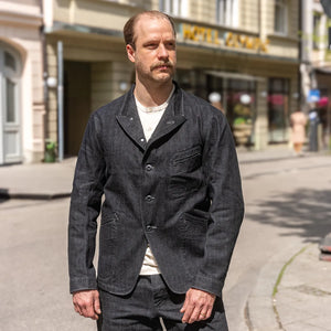 MotivMfg Peak Lapel Herringbone Denim Lounge Jacket Black worn lifestyle