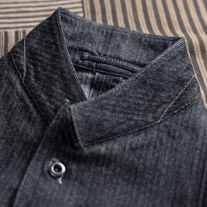 MotivMfg Peak Lapel Herringbone Denim Lounge Jacket Black close up high collar