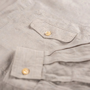 MotivMfg Superfine Linen Broadcloth Mikhail Shirt Light Grey Chambray detail chest pocket