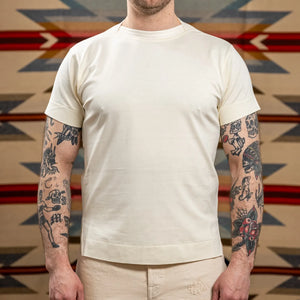 MotivMfg Supima Cotton Silk Shuttle TShirt Ivory worn front