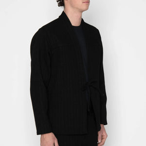 Naked and Famous 12 ounce Sugiaya Dobby Herringbone Kimono Black Sugiaya worn half profile