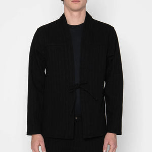 Naked and Famous 12 ounce Sugiaya Dobby Herringbone Kimono Black Sugiaya worn front