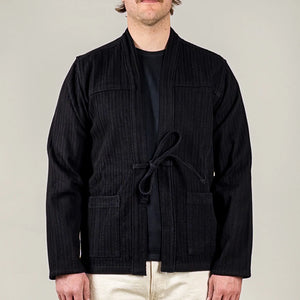 Naked and Famous 12 ounce Sugiaya Dobby Herringbone Kimono Black Sugiaya worn front