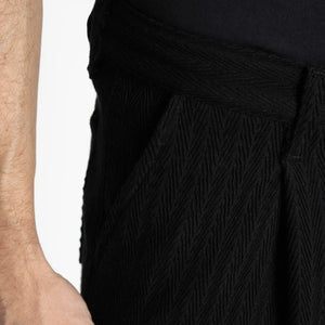 Naked and Famous 12 ounce Sugiaya Dobby Herringbone Pleated Trouser Black Sugiaya Relaxed Straight close up pocket