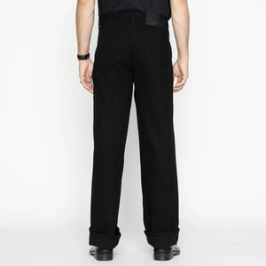 Naked and Famous 12 ounce Sugiaya Dobby Herringbone Pleated Trouser Black Sugiaya Relaxed Straight worn backside