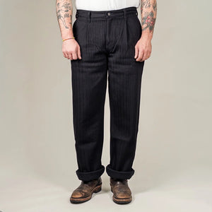 Naked and Famous 12 ounce Sugiaya Dobby Herringbone Pleated Trouser Black Sugiaya Relaxed Straight worn front