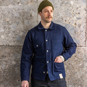 Naked and Famous 12oz Maekake Dobby Chore Coat Indigo worn front lifestyle