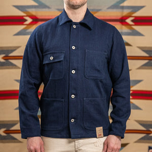 Naked and Famous 12oz Maekake Dobby Chore Coat Indigo worn front