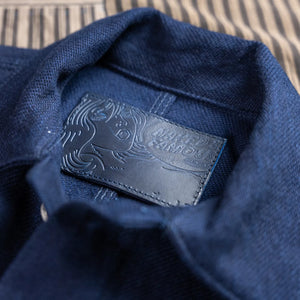 Naked and Famous 12oz Maekake Dobby Chore Coat Indigo detail collar and leather patch
