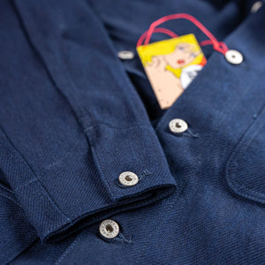 Naked and Famous 12oz Maekake Dobby Chore Coat Indigo close up cuff