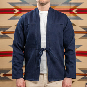 Naked and Famous 12oz Maekake Dobby Kimono Indigo worn front