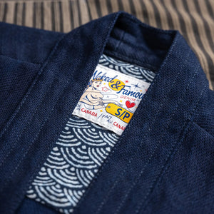 Naked and Famous 12oz Maekake Dobby Kimono Indigo close up lining neck
