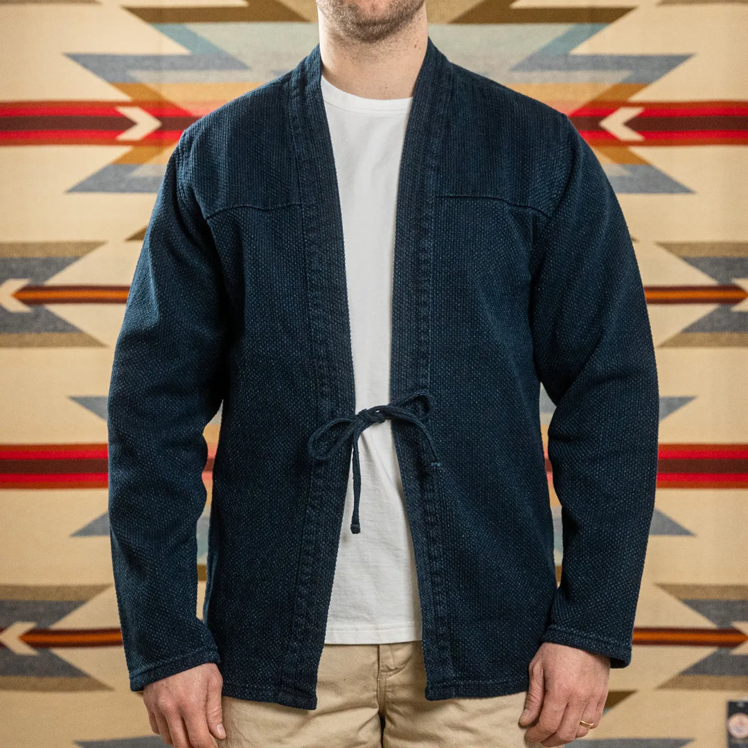 Naked & Famous 12oz Sashiko Jacquard Kimono Indigo Dyed worn front