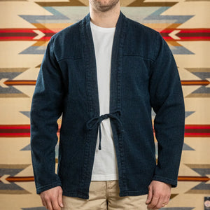 Naked & Famous 12oz Sashiko Jacquard Kimono Indigo Dyed worn front