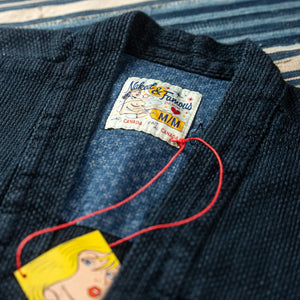 Naked & Famous 12oz Sashiko Jacquard Kimono Indigo Dyed close up neck label