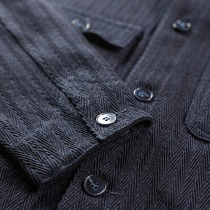 Naked And Famous 12oz Sugiaya Herringbone Chore Coat Indigo Dyed close up cuff
