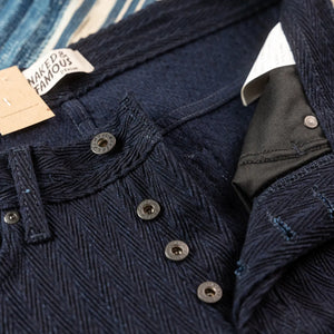 Naked And Famous 12oz Sugiaya Herringbone Trousers Weird Guy Regular Tapered close up button fly