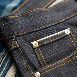 Naked and Famous 14oz Left Hand Twill Selvedge Jeans True Guy Regular Straight close up selvedge detail coin pocket