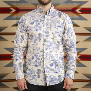 Naked And Famous Cats Linen Easy Shirt Natural With Blue Print