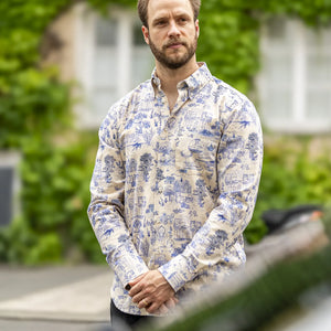 Naked And Famous Cats Linen Easy Shirt Natural With Blue Print