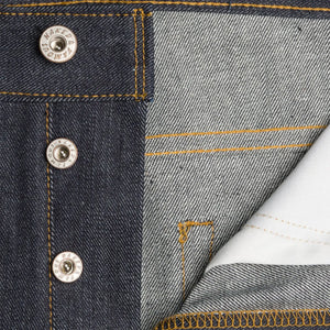 Naked and Famous 13 ounce Left Hand Twill Selvedge Jeans Groovy Guy Bootcut detail button fly