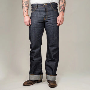 Naked and Famous 13 ounce Left Hand Twill Selvedge Jeans Groovy Guy Bootcut worn front with turn up