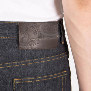 Naked and Famous 13 ounce Left Hand Twill Selvedge Jeans Groovy Guy Bootcut detail leather patch