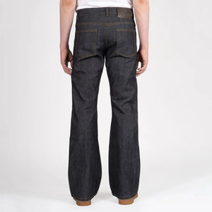 Naked and Famous 13 ounce Left Hand Twill Selvedge Jeans Groovy Guy Bootcut worn backside