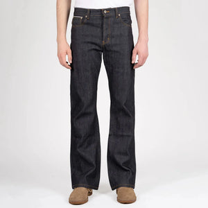 Naked and Famous 13 ounce Left Hand Twill Selvedge Jeans Groovy Guy Bootcut worn front