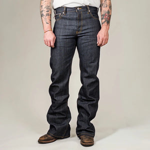 Naked and Famous 13 ounce Left Hand Twill Selvedge Jeans Groovy Guy Bootcut worn front