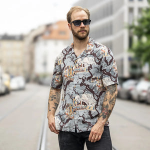 Naked And Famous Skeletons Aloha Shirt Pale Blue