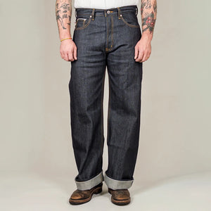 Naked and Famous 13 ounce Left Hand Twill Selvedge Jeans Strong Guy Wide Straight worn front
