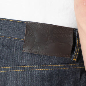 Naked and Famous 13 ounce Left Hand Twill Selvedge Jeans Strong Guy Wide Straight detail leather patch
