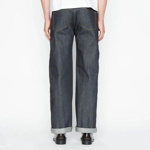 Naked and Famous 13 ounce Left Hand Twill Selvedge Jeans Strong Guy Wide Straight worn backside
