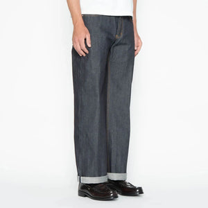 Naked and Famous 13 ounce Left Hand Twill Selvedge Jeans Strong Guy Wide Straight worn half profile