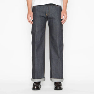 Naked and Famous 13 ounce Left Hand Twill Selvedge Jeans Strong Guy Wide Straight worn front