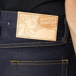 Naked and Famous 22 ounce Elephant 2 Reborn Selvedge Jeans True Guy Regular Straight close up leather patch