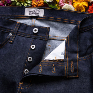 Naked and Famous 12 ounce Dia de los Muertos Selvedge Jeans Weird Guy Regular Tapered detail button fly