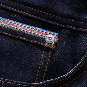 Naked and Famous 12 ounce Dia de los Muertos Selvedge Jeans Weird Guy Regular Tapered close up coin pocket selvedge detail